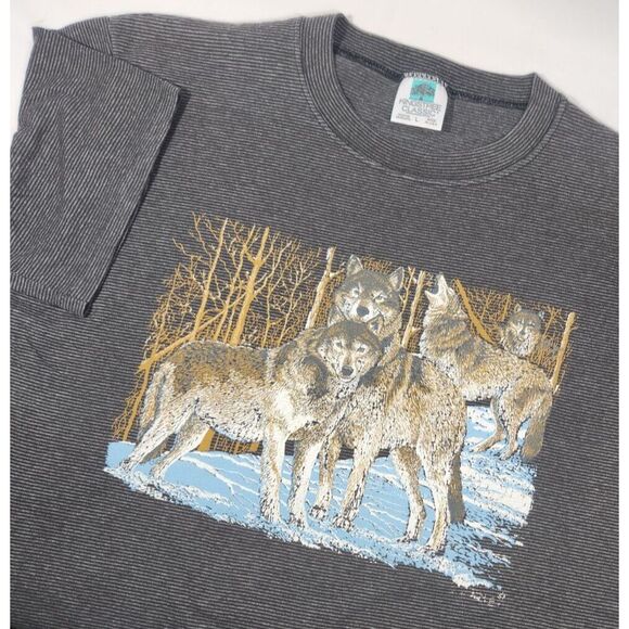 Vintage Kingstree Classic T-Shirt black striped WOLVES‎ single stitch Size L USA - Picture 3 of 5